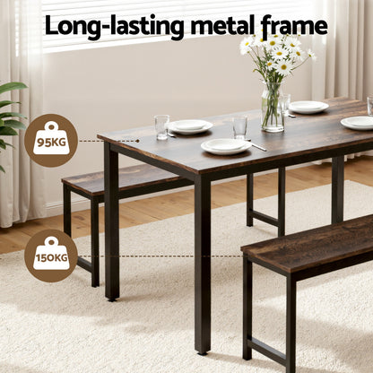 Artiss Dining Table and Chairs Set 3PCS Kitchen Metal Desk Bench Dark Walnut - Image 5