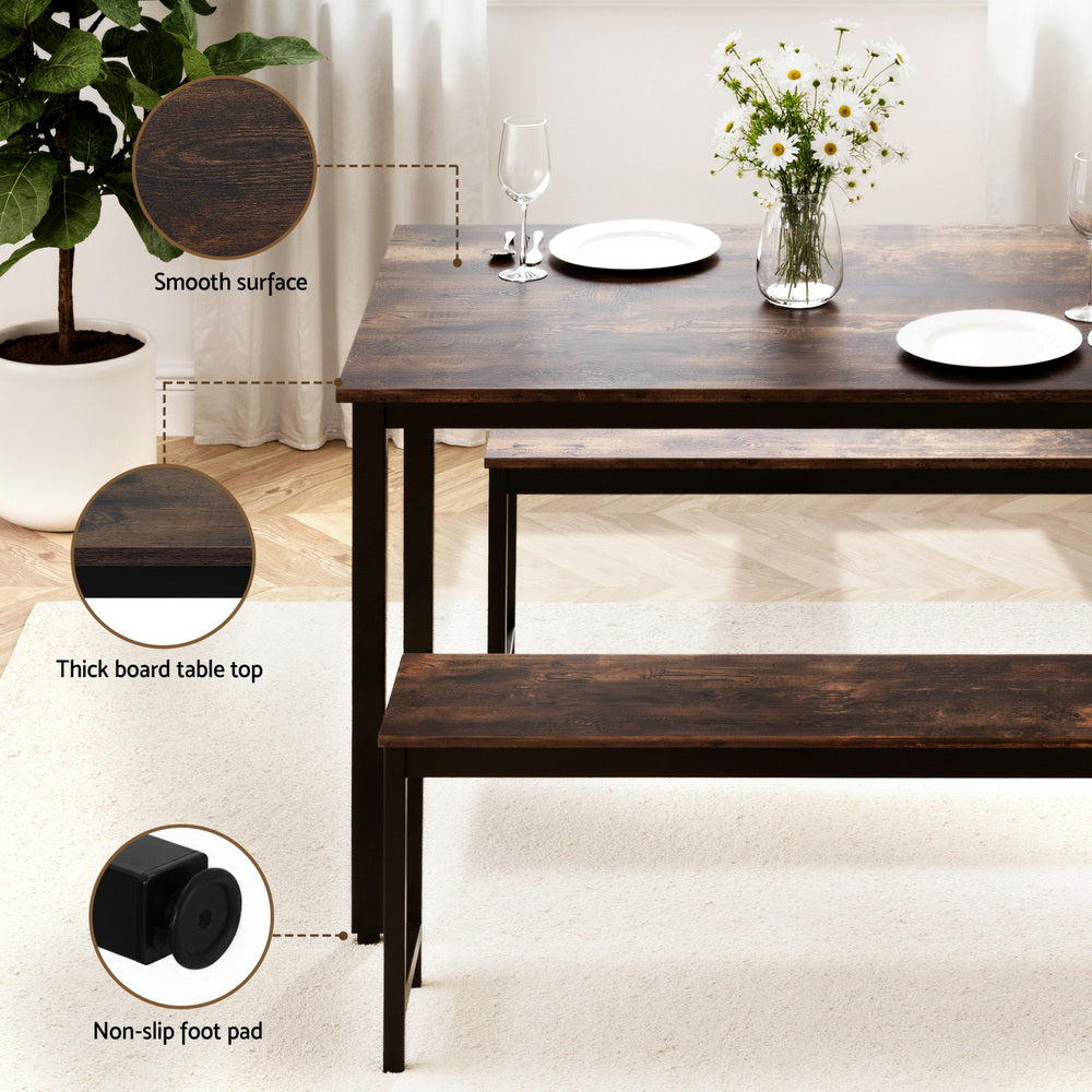 Artiss Dining Table and Chairs Set 3PCS Kitchen Metal Desk Bench Dark Walnut - Image 6