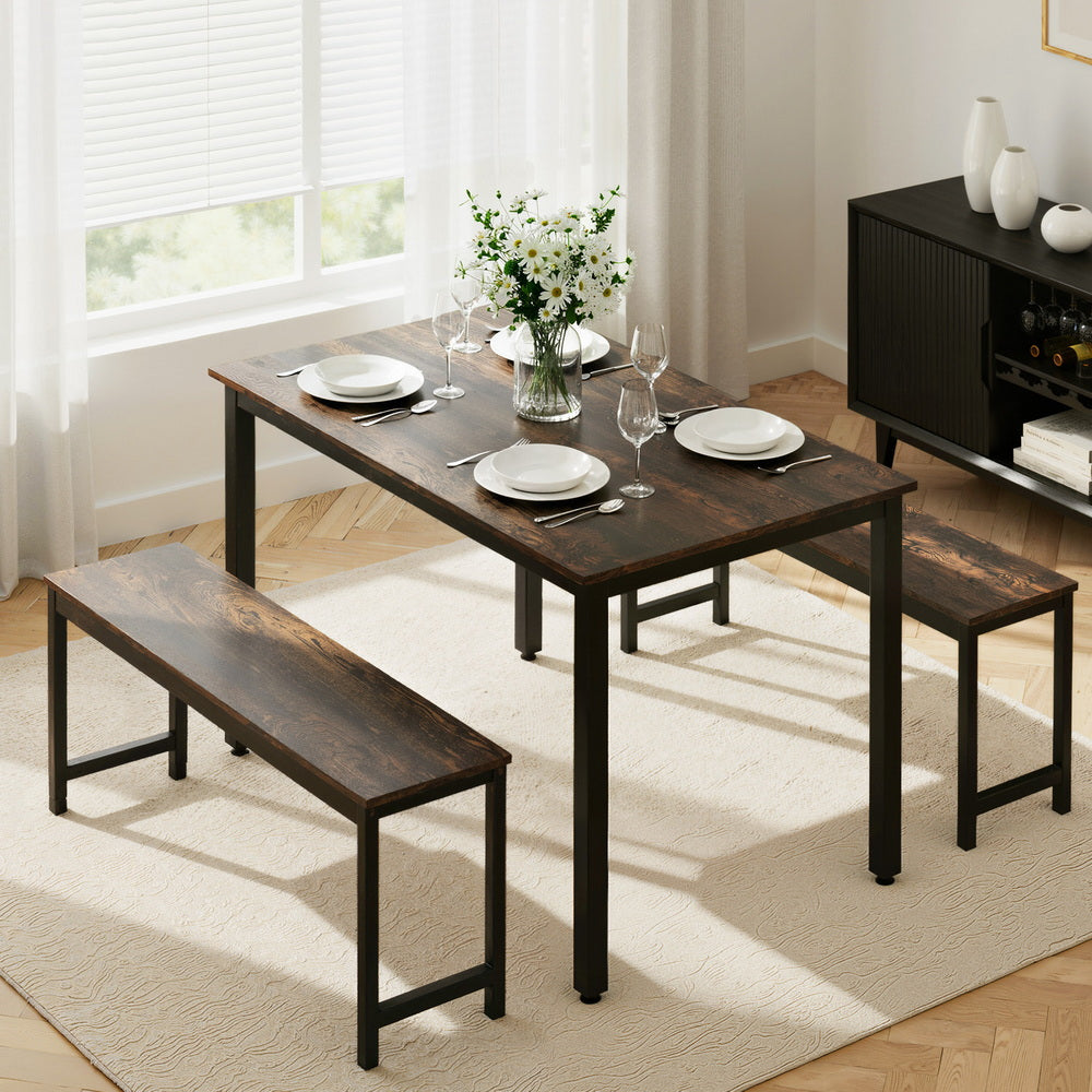Artiss Dining Table and Chairs Set 3PCS Kitchen Metal Desk Bench Dark Walnut - Image 7
