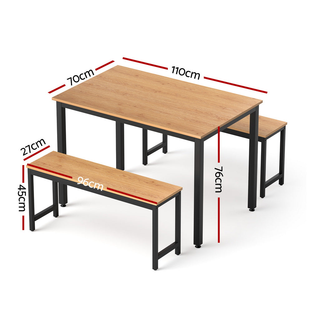 Artiss Dining Table and Chairs Set 3PCS Kitchen Metal Desk Bench Natural Oak - Image 2