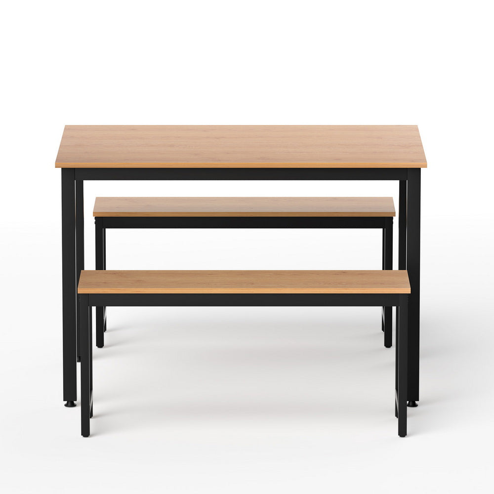 Artiss Dining Table and Chairs Set 3PCS Kitchen Metal Desk Bench Natural Oak - Image 3