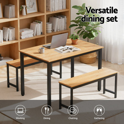 Artiss Dining Table and Chairs Set 3PCS Kitchen Metal Desk Bench Natural Oak - Image 4