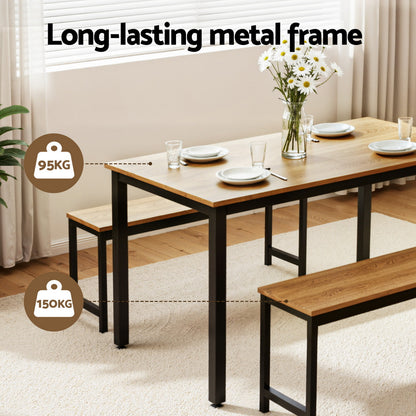 Artiss Dining Table and Chairs Set 3PCS Kitchen Metal Desk Bench Natural Oak - Image 5