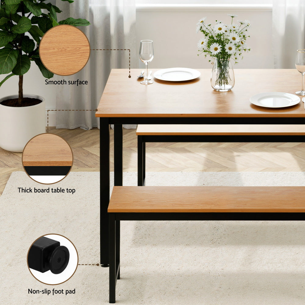 Artiss Dining Table and Chairs Set 3PCS Kitchen Metal Desk Bench Natural Oak - Image 6