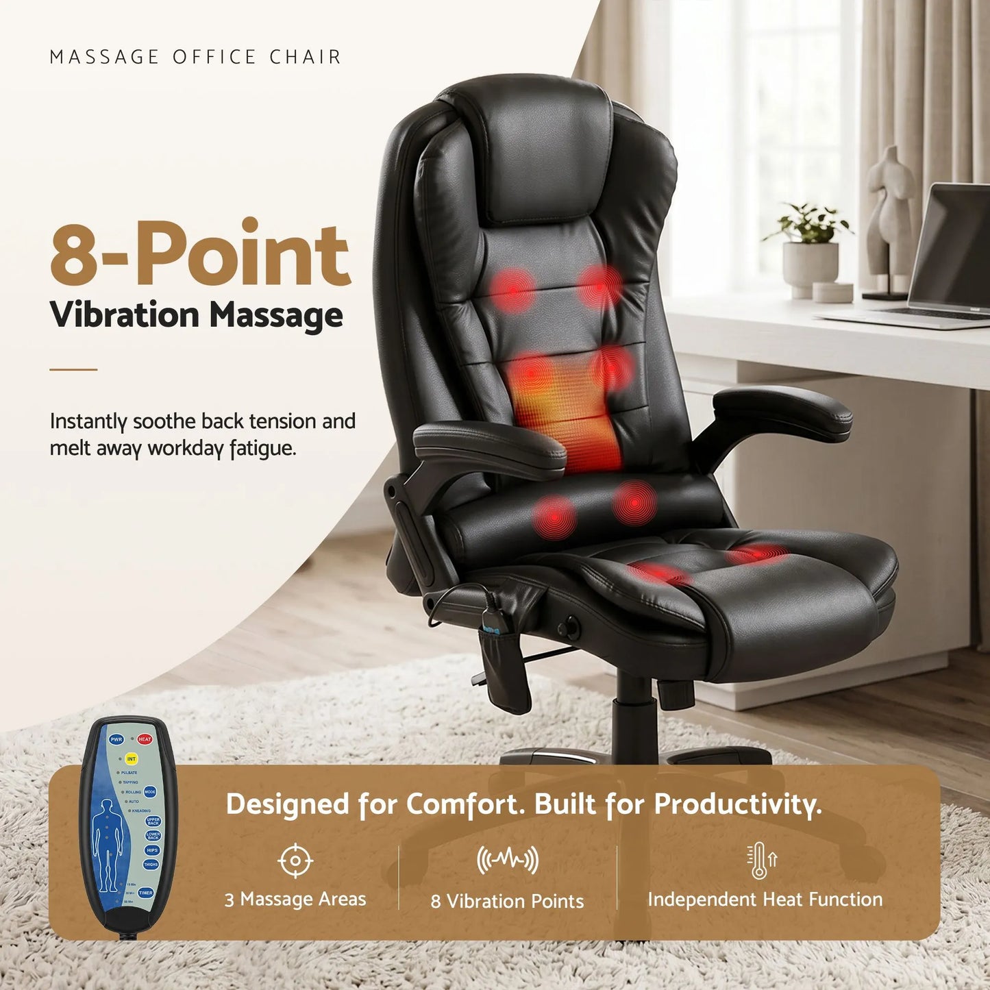 Artiss 8 Point Massage Office Chair Heated Seat Recliner PU Black - Image 4
