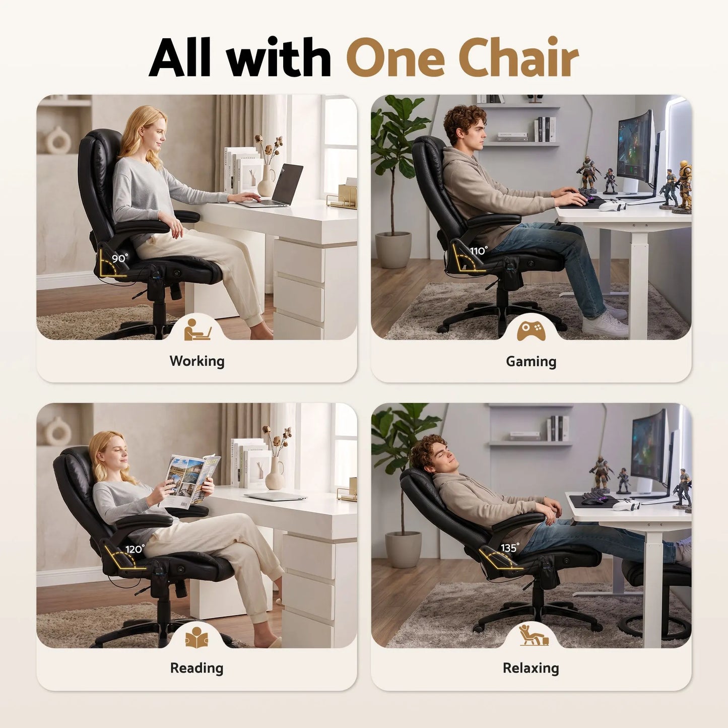Artiss 8 Point Massage Office Chair Heated Seat Recliner PU Black - Image 6