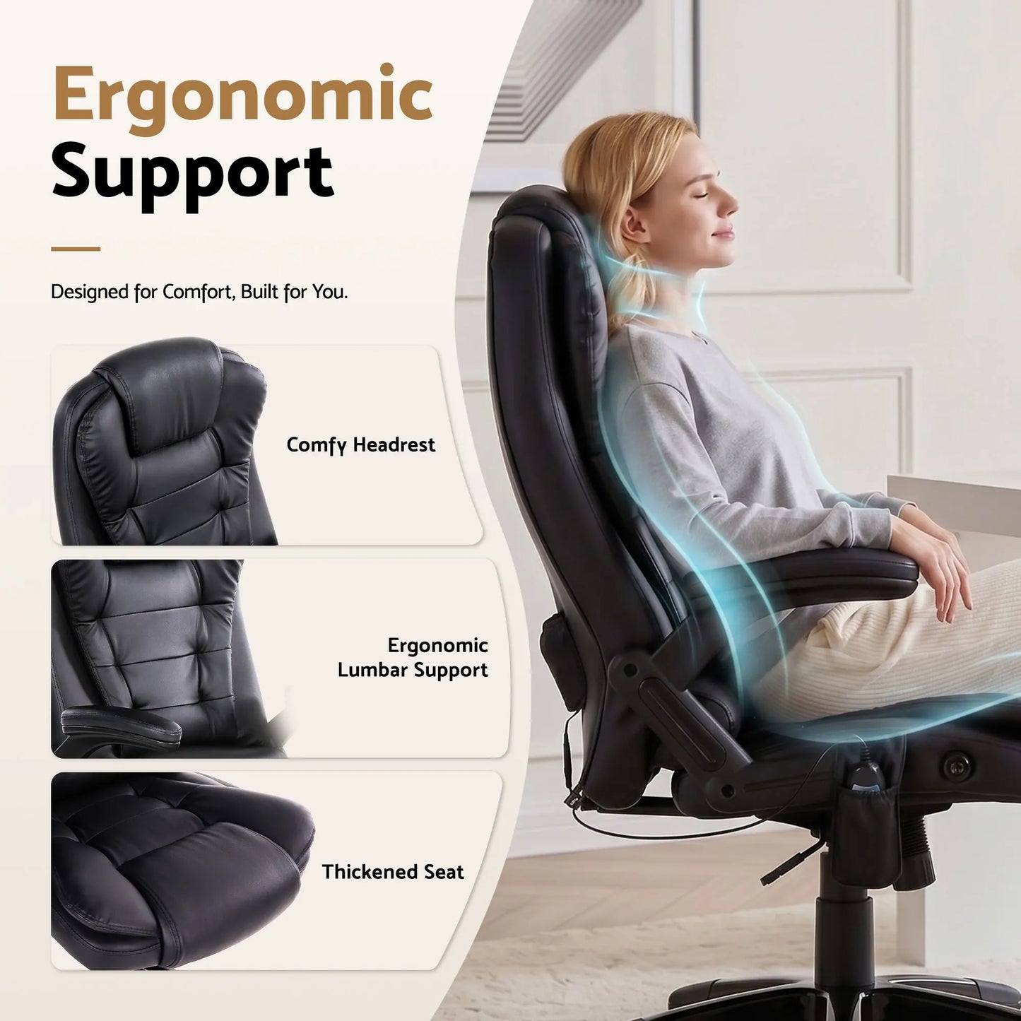 Artiss 8 Point Massage Office Chair Heated Seat Recliner PU Black - Image 7