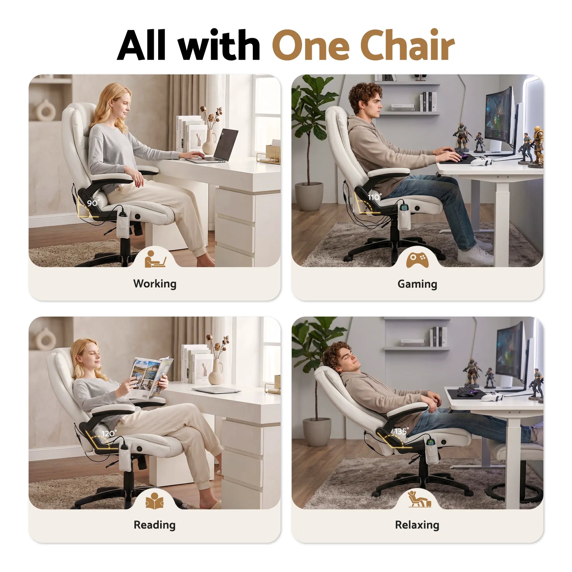 Artiss 8 Point Massage Office Chair Heated Seat Recliner PU White - Image 6