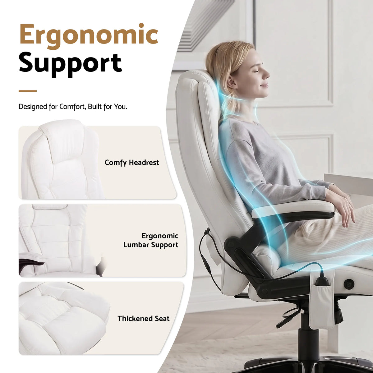 Artiss 8 Point Massage Office Chair Heated Seat Recliner PU White - Image 7