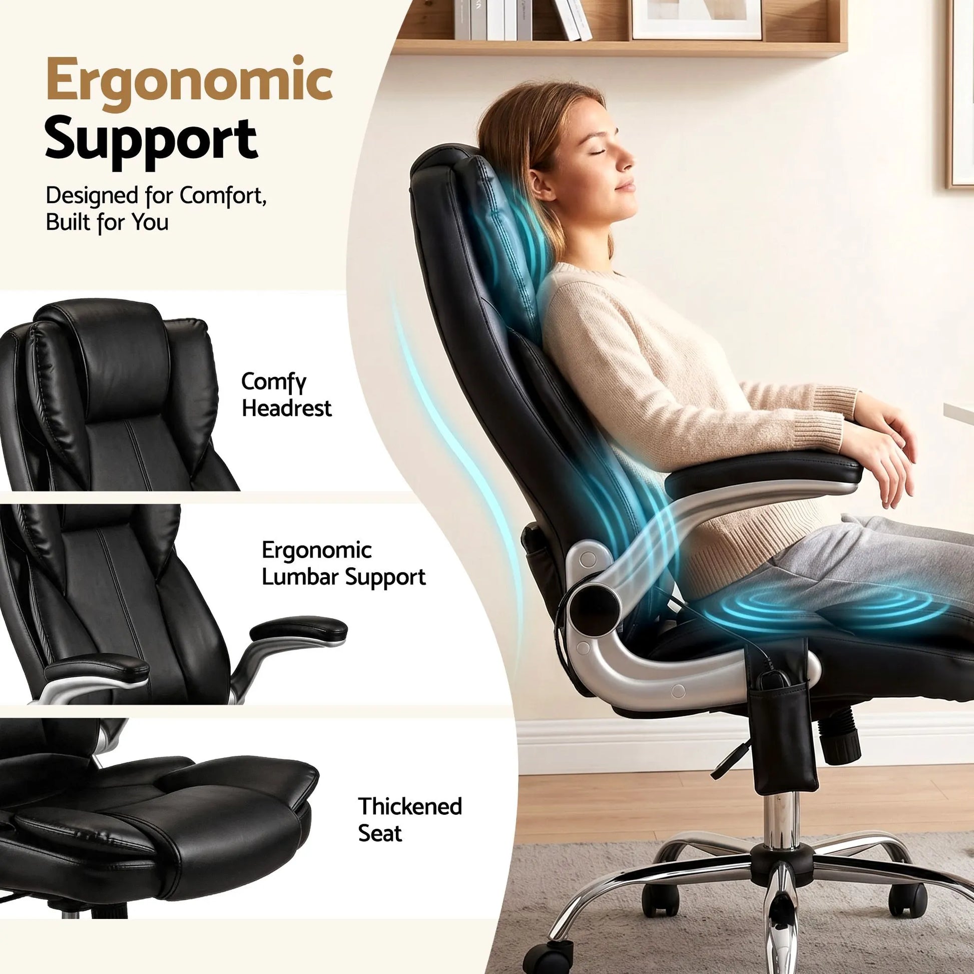 Artiss 8 Point Massage Office Chair PU Leather Black - Image 7