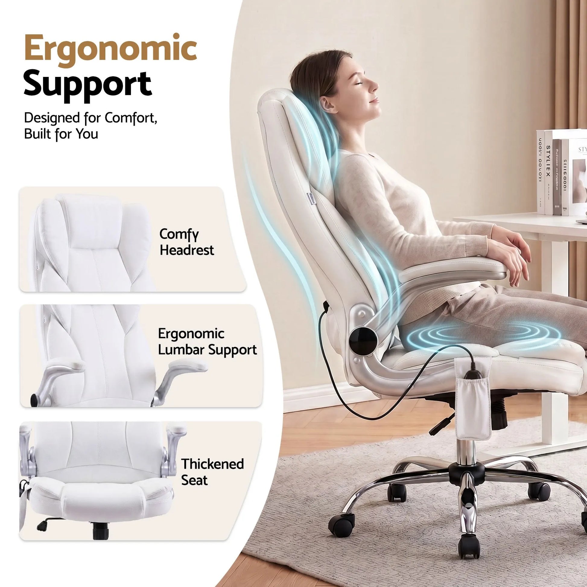 Artiss 8 Point Massage Office Chair PU Leather White - Image 7