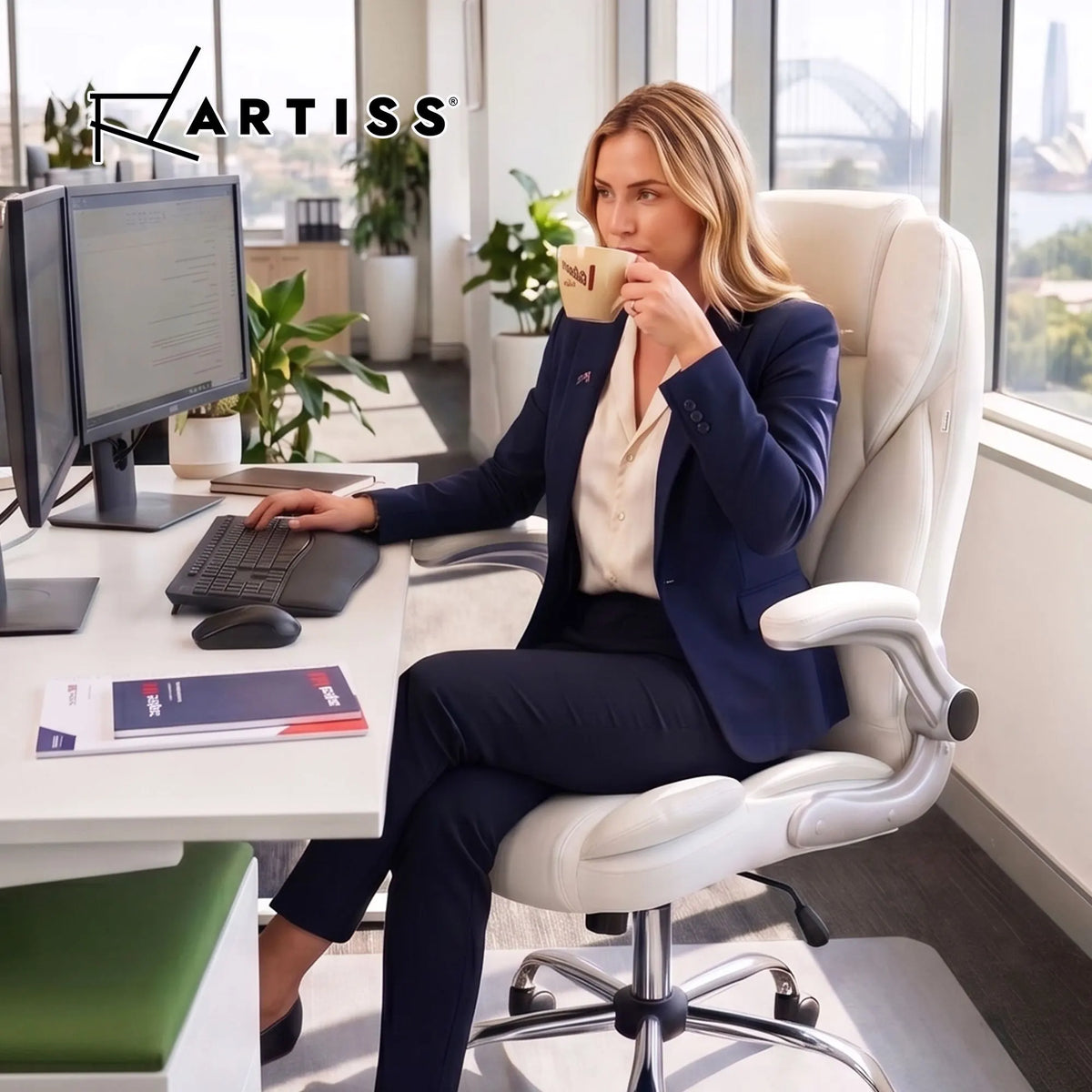 Artiss 8 Point Massage Office Chair PU Leather White - Image 9