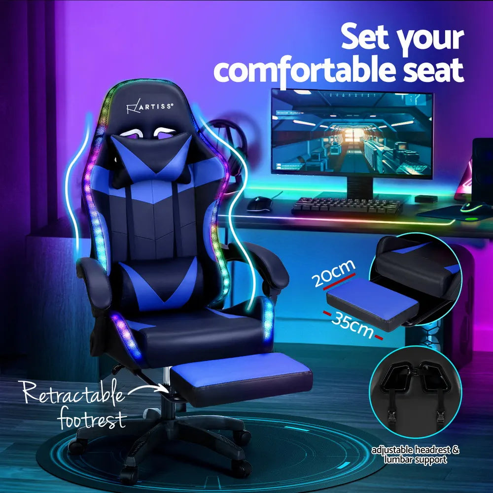 Artiss 6 Point Massage Gaming Office Chair 7 LED Footrest Blue - Image 5