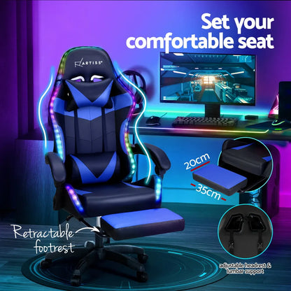 Artiss 6 Point Massage Gaming Office Chair 7 LED Footrest Blue - Image 5