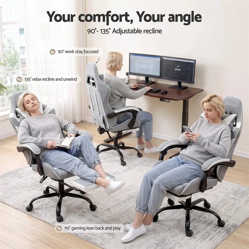 Artiss Gaming Office Chair Fabric Ergonomic with 2 Point Message Light Grey - Image 6