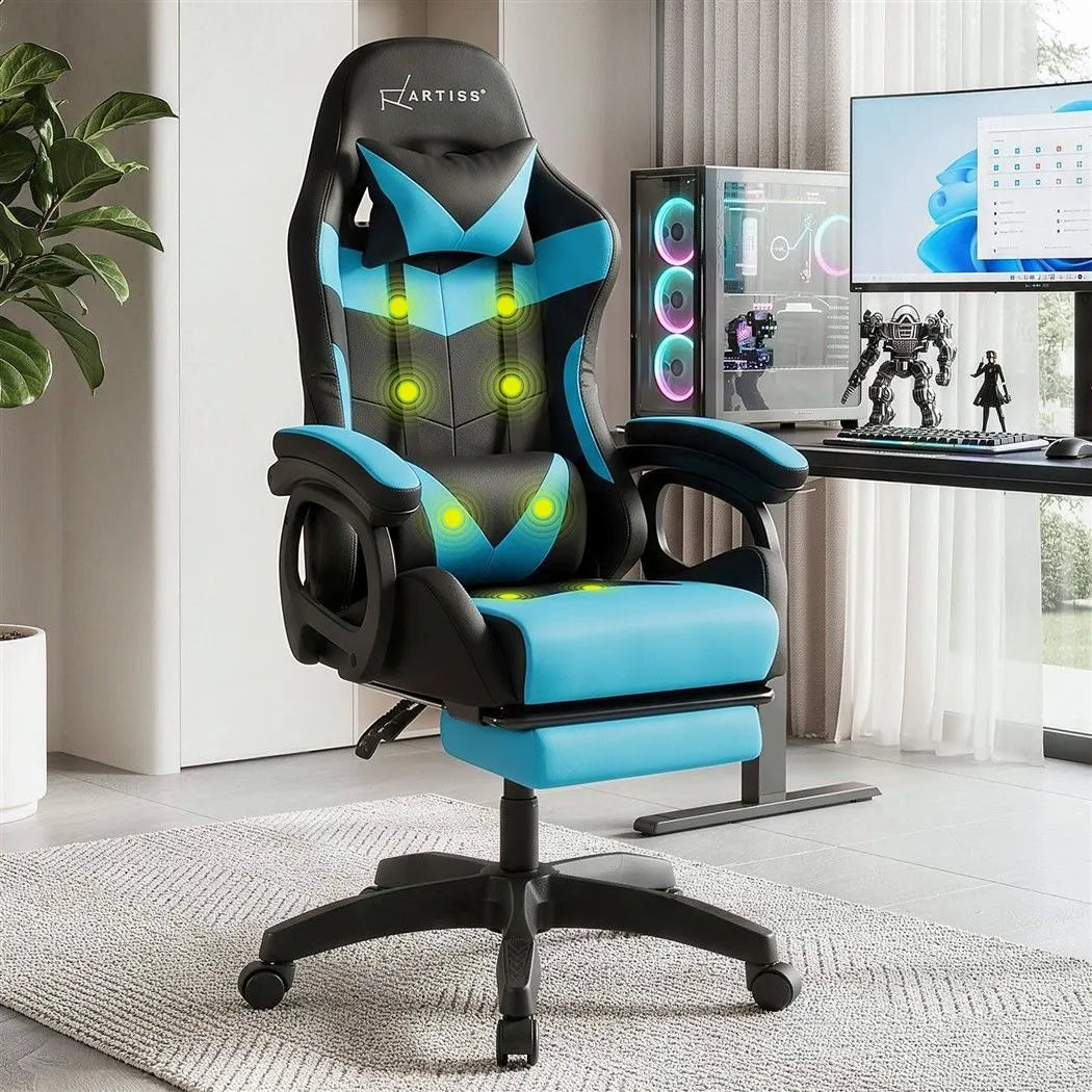 Artiss Gaming Office Chair with 8 Point Message Reline Ergonomic Blue