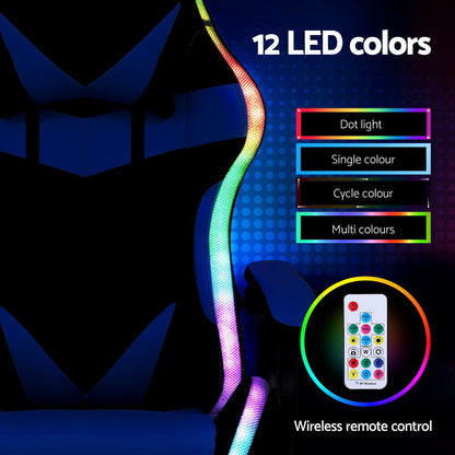Artiss Gaming Office Chair 12 RGB LED Massage Computer Work Seat Footrest Blue - Image 6