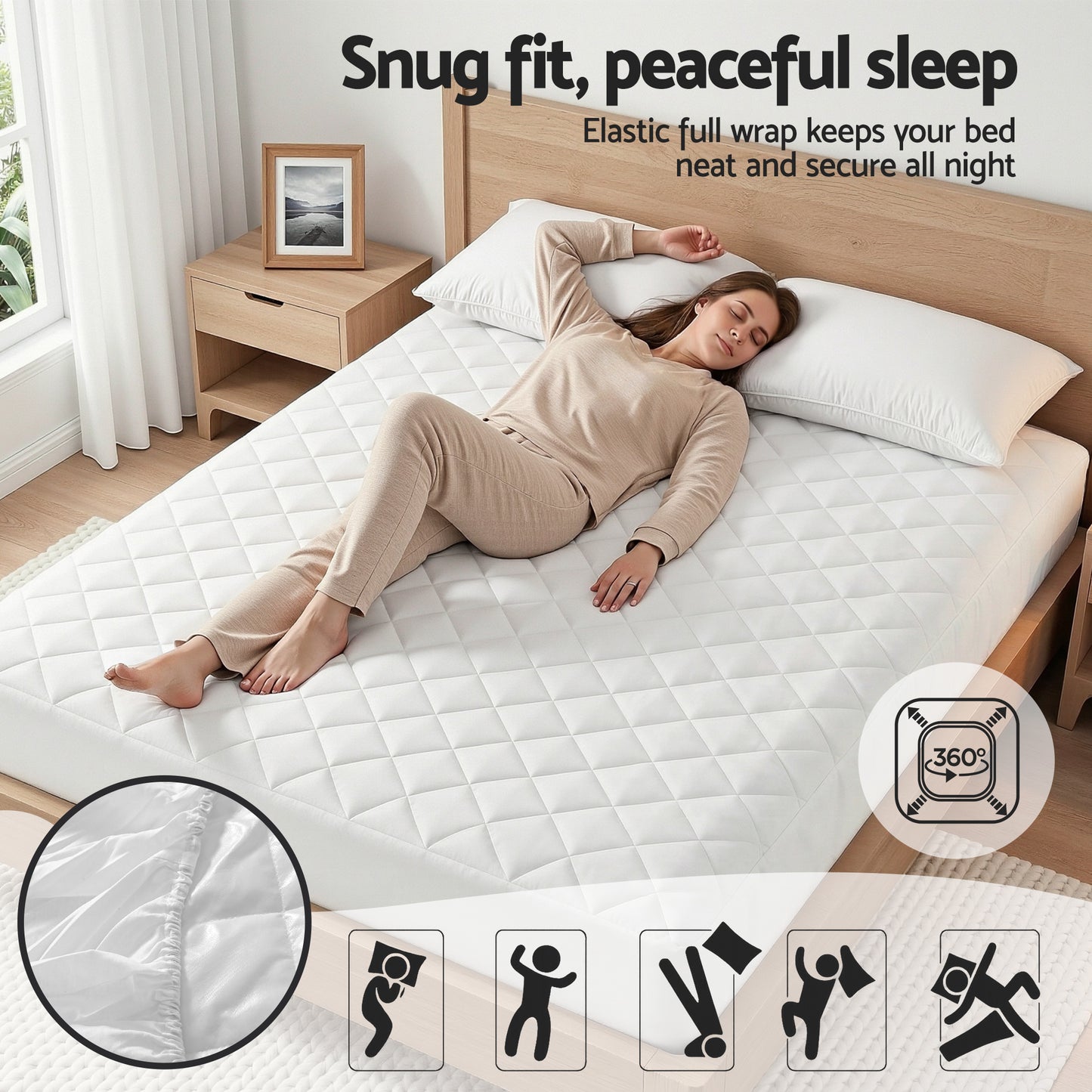 Giselle Waterproof Mattress Protector 100% Cotton Quilted Fitted Cover Double - Image 7