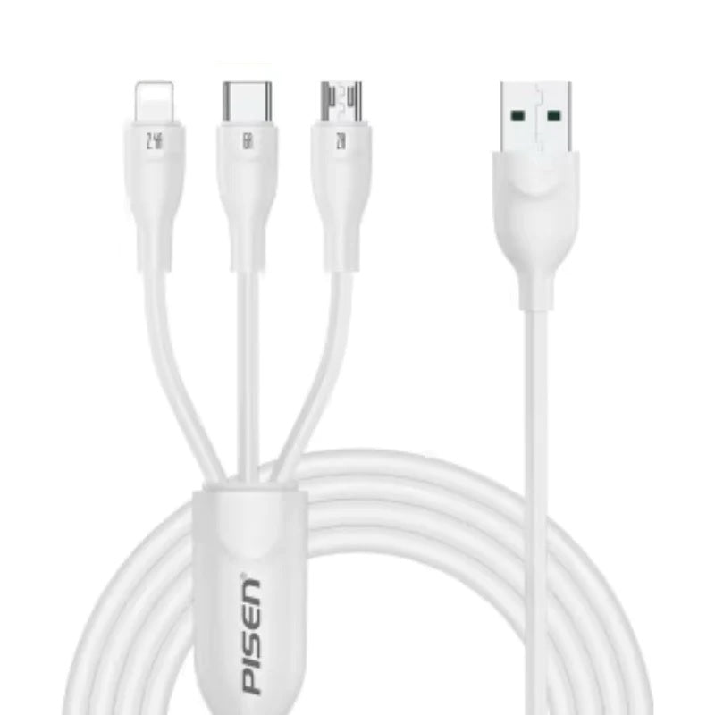 Pisen 3-in-1 USB-A to Lightning + USB-C + Micro-USB Cable (1.2M) White - 6A Superfast, Samsung Ga...