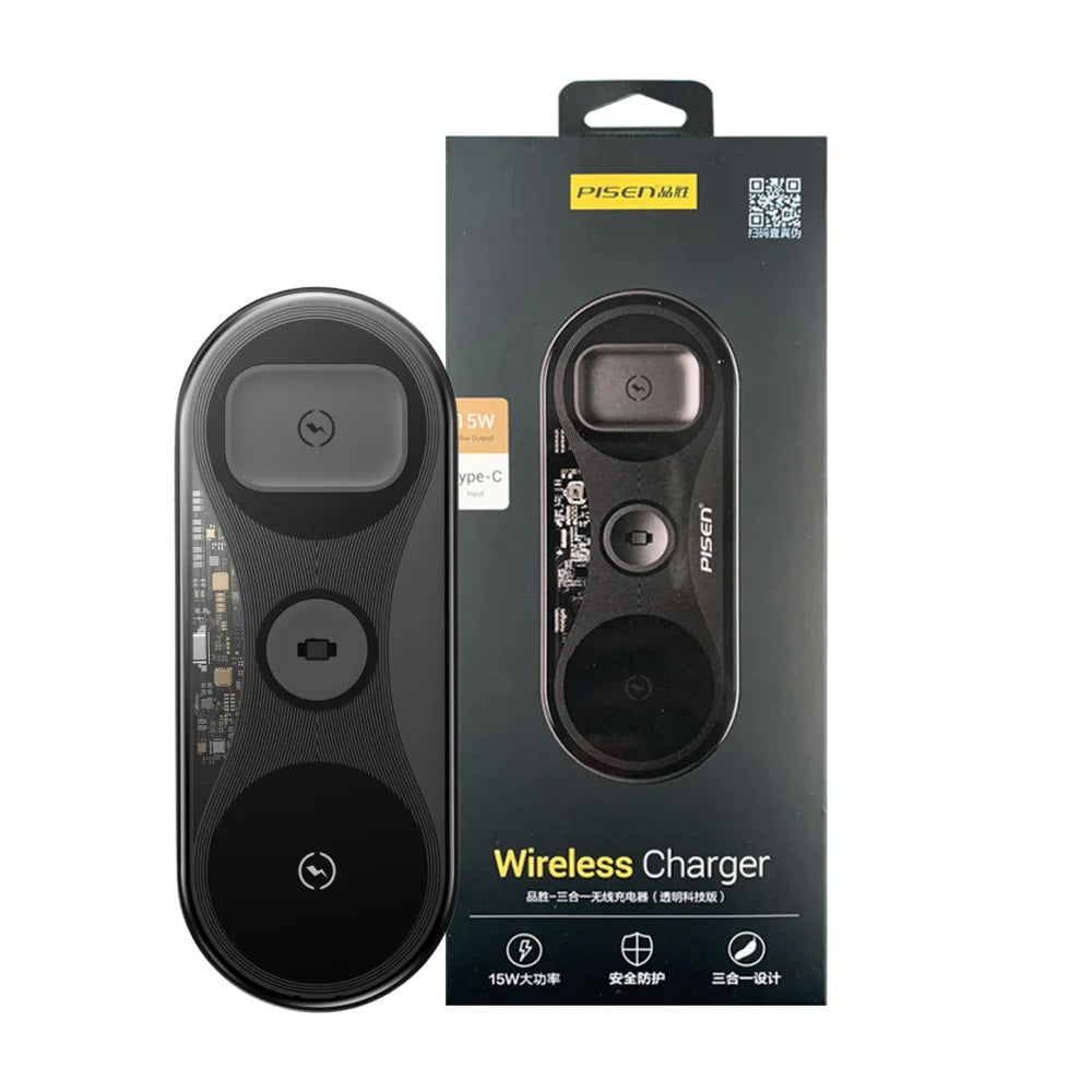 Pisen 3-in-1 Wireless Charging Station - Black, Supports Qi-2 Outputs (15W) , Supports Universal...