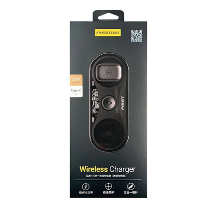 Pisen 3-in-1 Wireless Charging Station - Black, Supports Qi-2 Outputs (15W) , Supports Universal... - Image 3