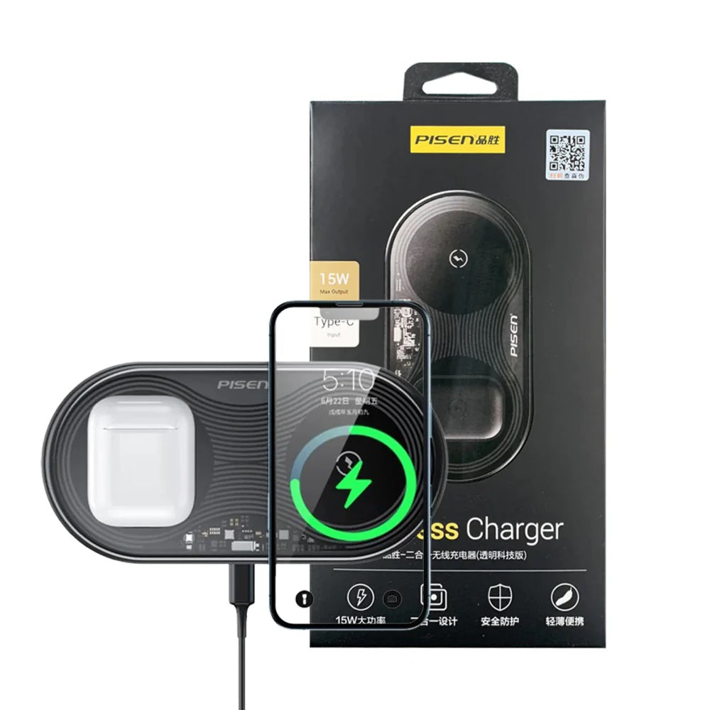 Pisen 2-in-1 Wireless Charging Station- XY-C18/Black,Supports Qi-2 Outputs (15W) ,Supports Univer...