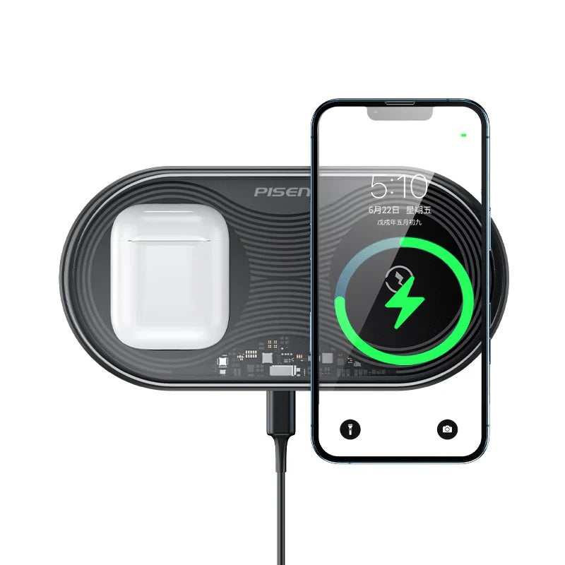 Pisen 2-in-1 Wireless Charging Station- XY-C18/Black,Supports Qi-2 Outputs (15W) ,Supports Univer... - Image 2