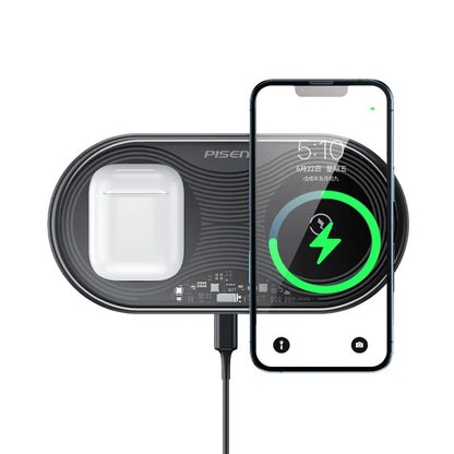 Pisen 2-in-1 Wireless Charging Station- XY-C18/Black,Supports Qi-2 Outputs (15W) ,Supports Univer... - Image 2