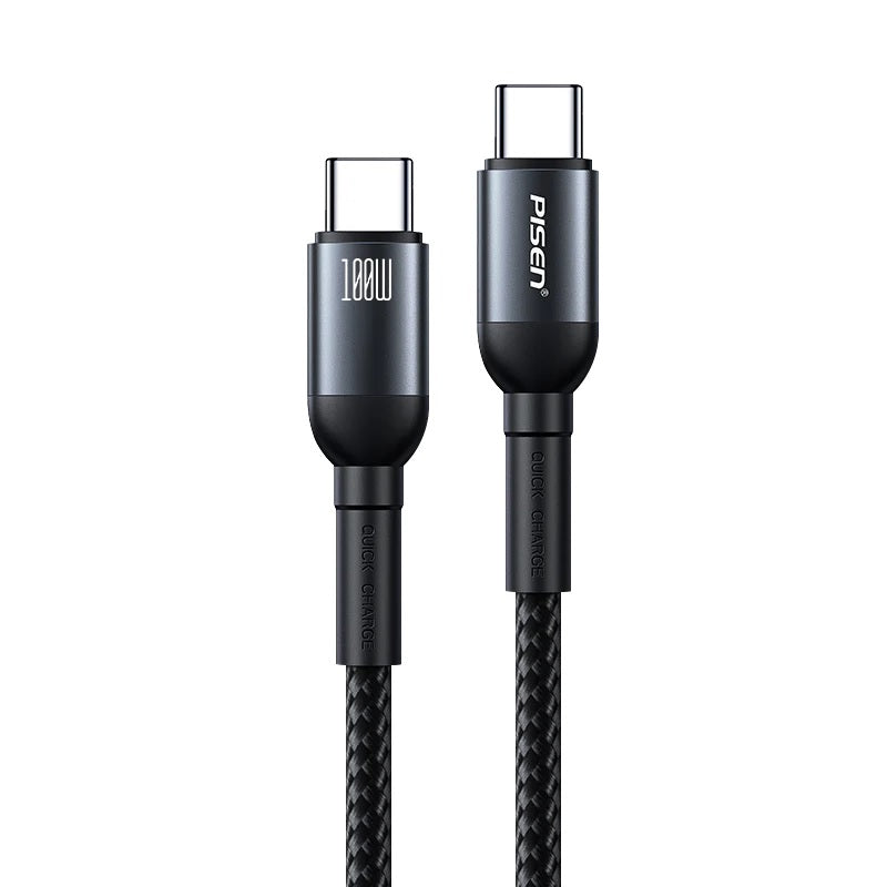 Pisen Braided USB-C to USB-C 100W PD Fast Charge Cable (1M) Black - Bend-Resistant, Samsung Galax...