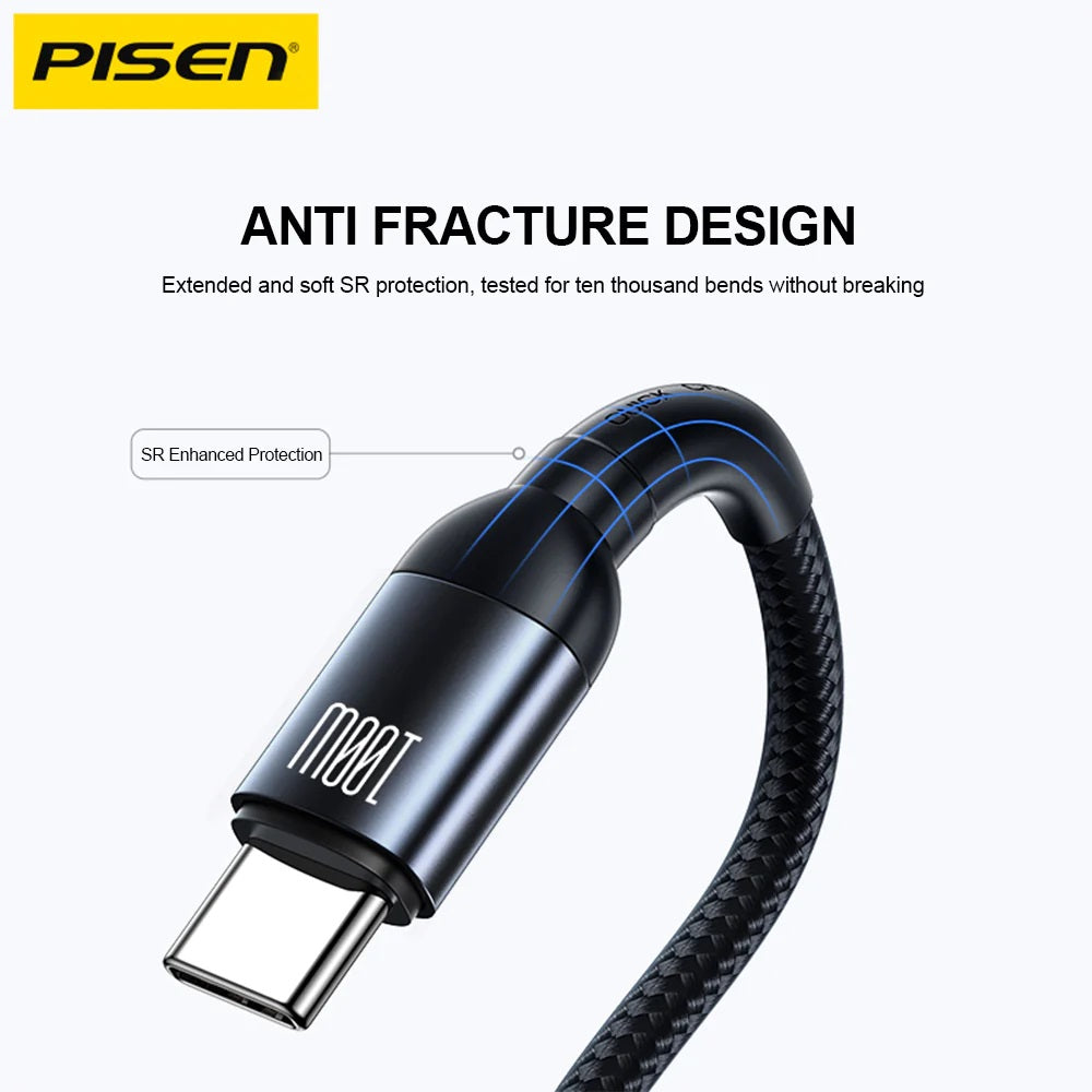 Pisen Braided USB-C to USB-C 100W PD Fast Charge Cable (1M) Black - Bend-Resistant, Samsung Galax... - Image 2