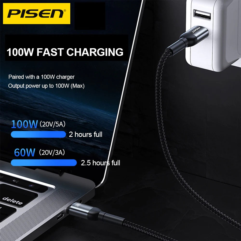 Pisen Braided USB-C to USB-C 100W PD Fast Charge Cable (1M) Black - Bend-Resistant, Samsung Galax... - Image 3