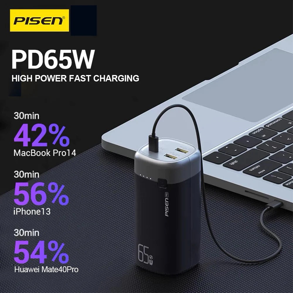 Pisen Pro 65W 20K (20000mAh) Laptop Power Bank (3 Port) + USB-C to USB-C Cable (50cm) - Black, 1x... - Image 3
