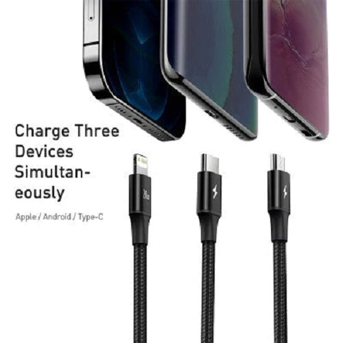 Pisen Braided 3-in-1 USB-A to Lightning + USB-C + Micro-USB Cable (1.5M) - Black, 3A/15W, Aluminum Alloy, Wear-Resistant, Faster Charging Speeds