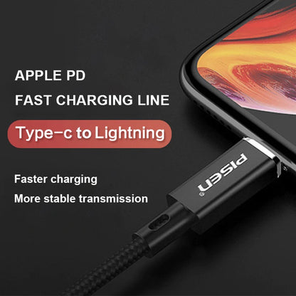 Pisen Braided Lightning to USB-C PD Fast Charge Cable (1M) Black - Support 3A, Anti-Breaking, Reinforced  More Durable, Apple iPhone/iPad/MacBook