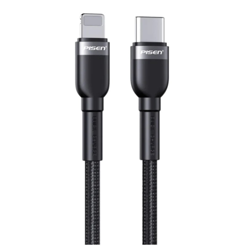 Pisen Braided Lightning to USB-C PD Fast Charge Cable (2M) Black-Supports 3A,Reinforced Wire Trea...