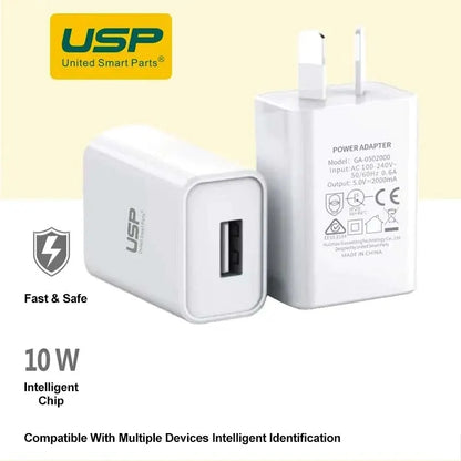 USP 10W USB-A Fast Wall Charger - White, Intelligent Chip, Smart Charging, Output Voltage DC5V/3A...