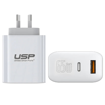 USP Dual Port PD 65W GaN Fast Wall Charger USB-C + USB-A for Phone Laptop, Intelligent,Travel Rea...