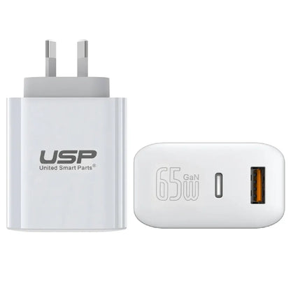 USP 65W Dual Port GaN Fast Wall Charger - White, 1xUSB-C(65W PD), 1xUSB-A(18W QC 3.0), Intelligen...