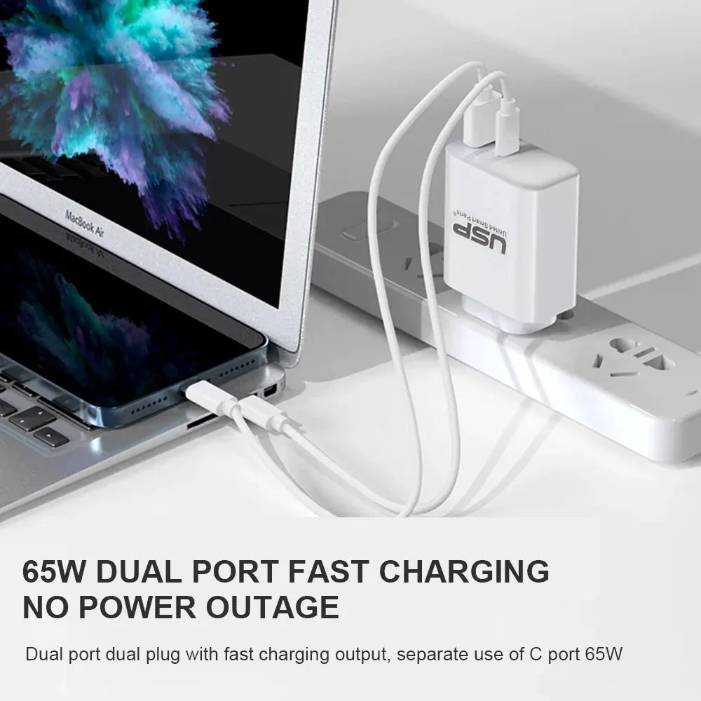 USP 65W Dual Port GaN Fast Wall Charger - White, 1xUSB-C(65W PD), 1xUSB-A(18W QC 3.0), Intelligen... - Image 2