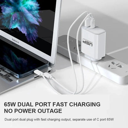 USP 65W Dual Port GaN Fast Wall Charger - White, 1xUSB-C(65W PD), 1xUSB-A(18W QC 3.0), Intelligen... - Image 2