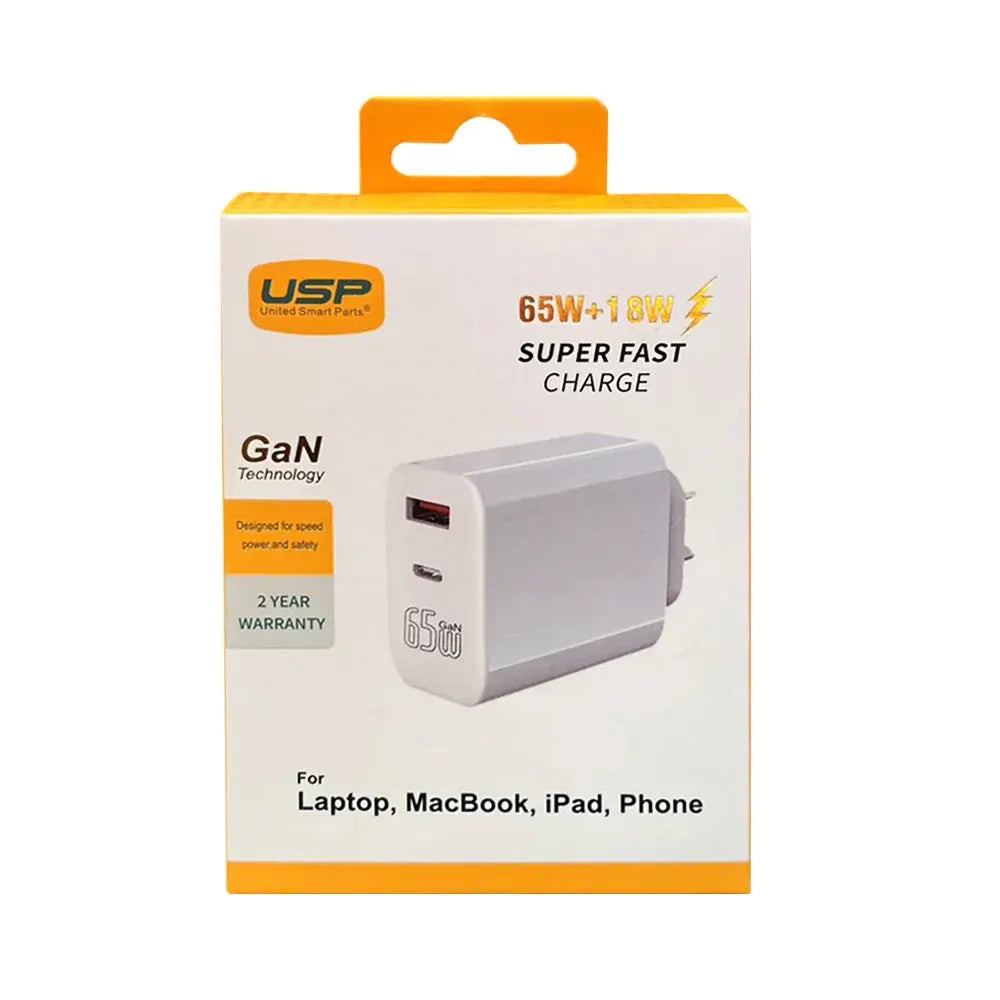 USP 65W Dual Port GaN Fast Wall Charger - White, 1xUSB-C(65W PD), 1xUSB-A(18W QC 3.0), Intelligen... - Image 3