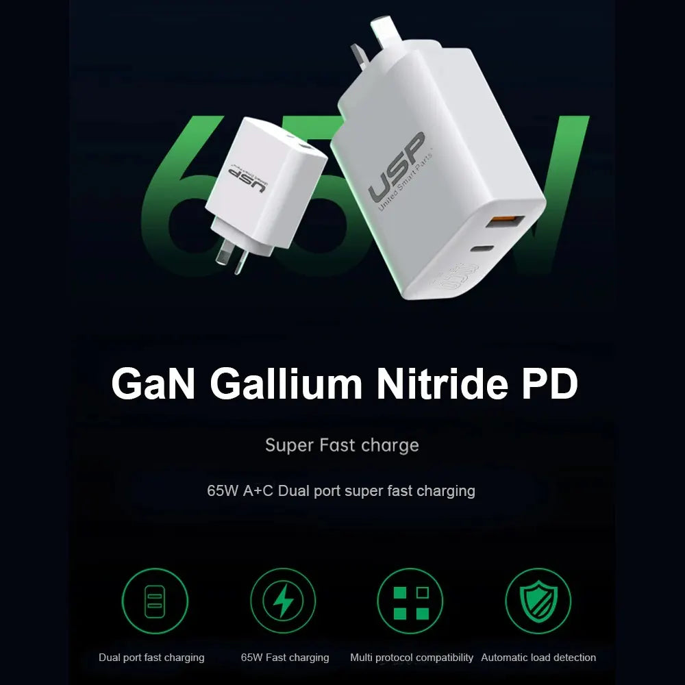 USP 65W Dual Port GaN Fast Wall Charger - White, 1xUSB-C(65W PD), 1xUSB-A(18W QC 3.0), Intelligen... - Image 4