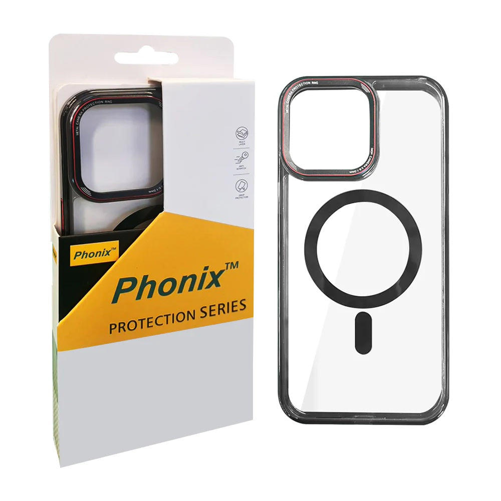 Phonix Apple iPhone 15 (6.1') Clear Armor Hard MagSafe Case With Metal Lens Protection Black-Rugg...