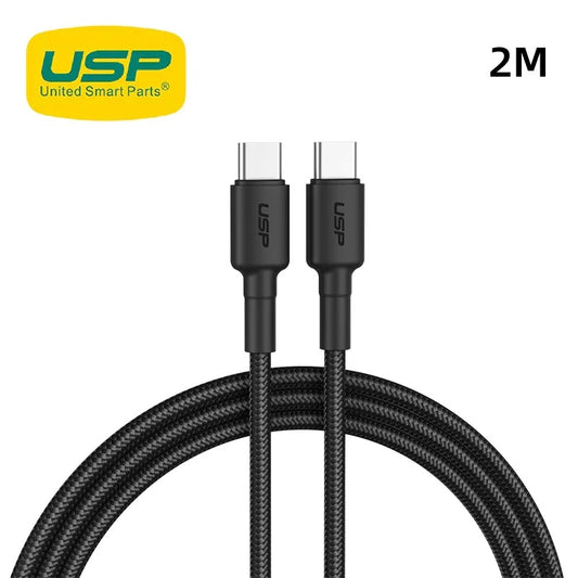 USP BoostUp Braided USB-C to USB-C Cable (2M) Black -3A/60W, Fast  Safe Charge,Strong  Durable,Sa...