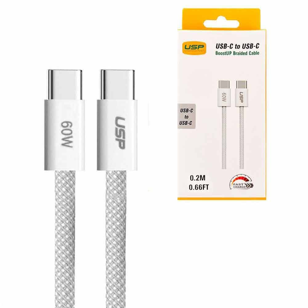 USP Braided USB-C to USB-C PD 60W High Density Fast Charge Cable (20cm) White - 3A Fast  Safe Cha...
