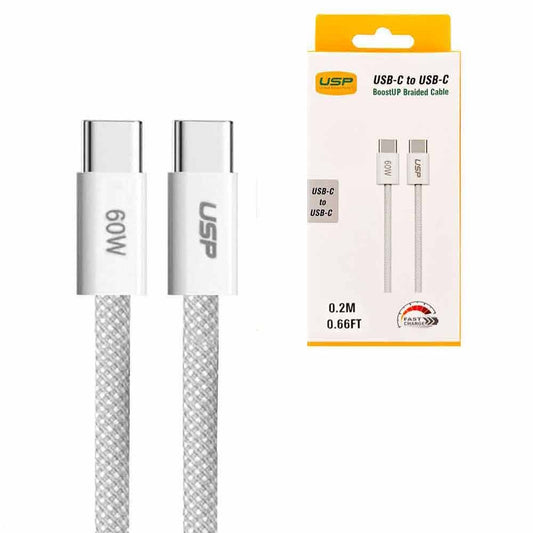 USP Braided USB-C to USB-C PD 60W High Density Fast Charge Cable (20cm) White - 3A Fast  Safe Cha...