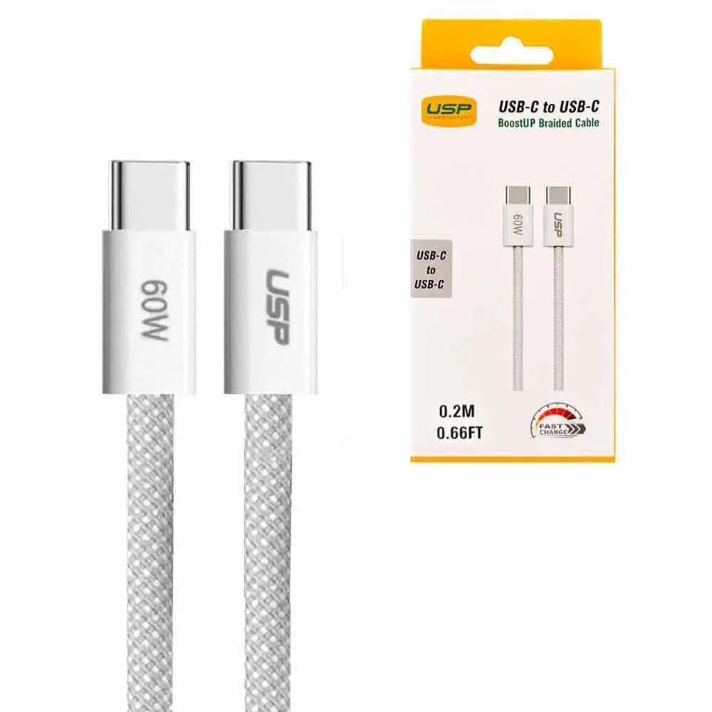USP BoostUp Braided USB-C to USB-C Cable (0.2M) - White, 3A/60W, 480Mbps, 40K+ Bends, Safe  Fast,...