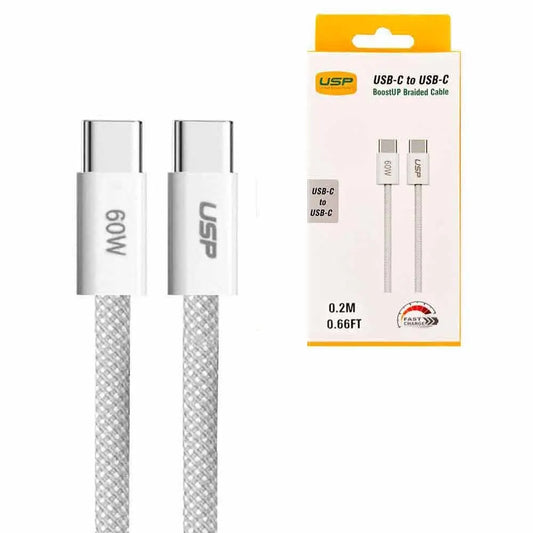 USP BoostUp Braided USB-C to USB-C Cable (0.2M) - White, 3A/60W, 480Mbps, 40K+ Bends, Safe  Fast,...