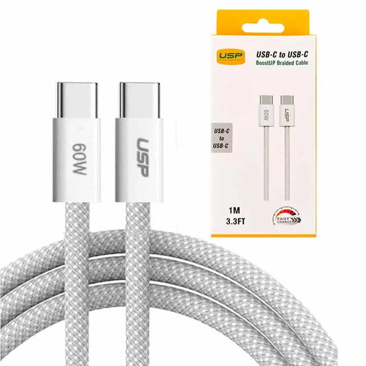USP BoostUp Braided USB-C to USB-C Cable (1M) - White, 3A/60W, 480Mbps, 40K+ Bends, Solid  Durabl...