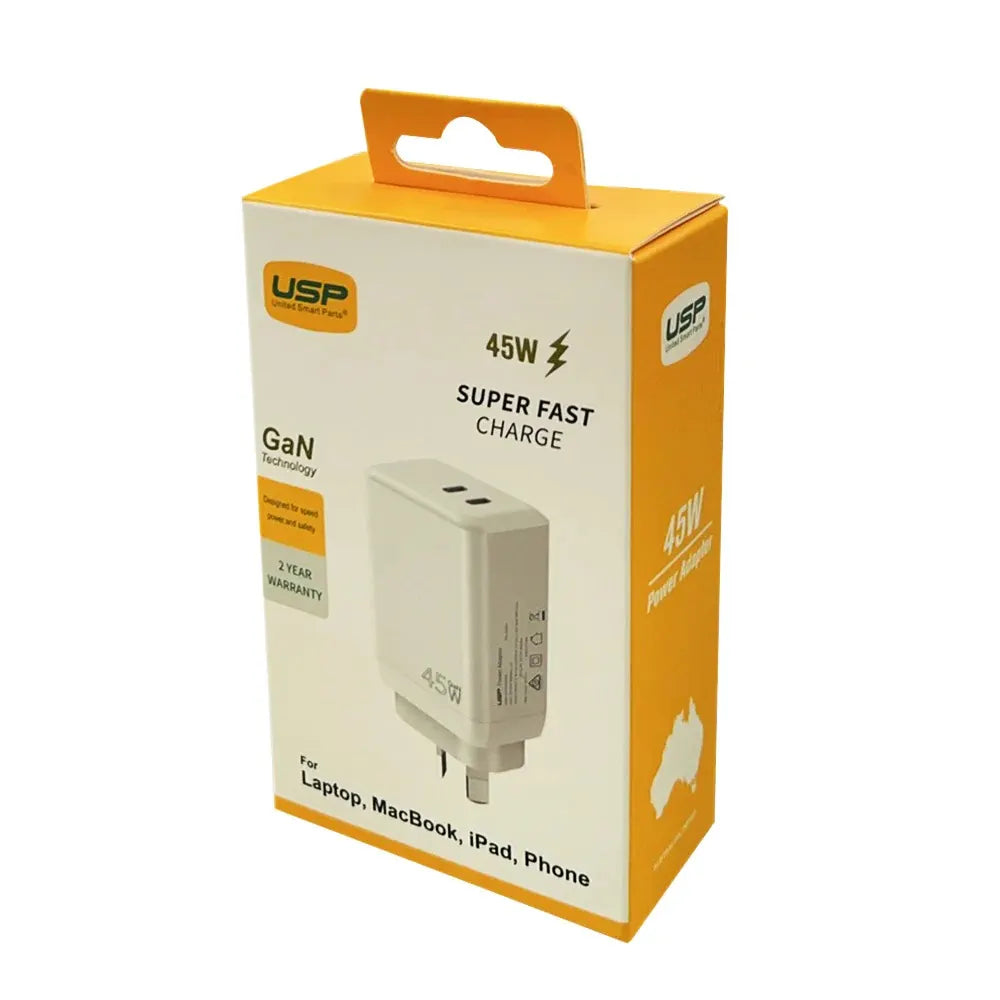 USP 45W Dual Port USB-C PD GaN Fast Wall Charger - White, Charge Two Device Simultaneously,Compac... - Image 2